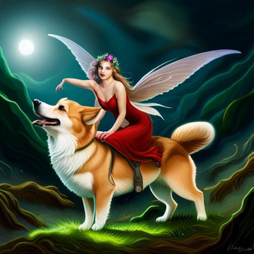 Mystical Fairy Riding a Corgi