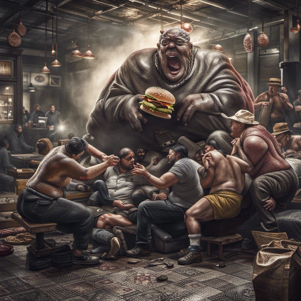 Ungrateful Fatties fighting for a hamburger
