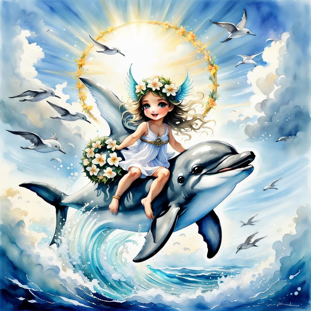 Chibi Dolphin and Fairy Watercolor Art