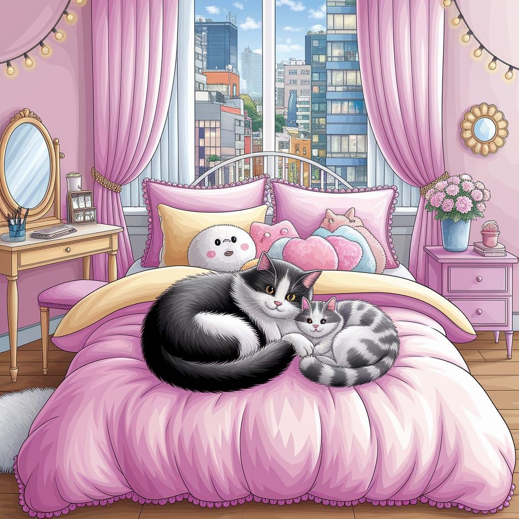 Cats Sleeping Peacefully in Watercolor Bedroom