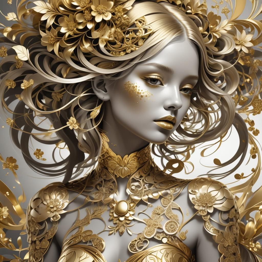 Golden Girl Portrait in Fractal Art Style