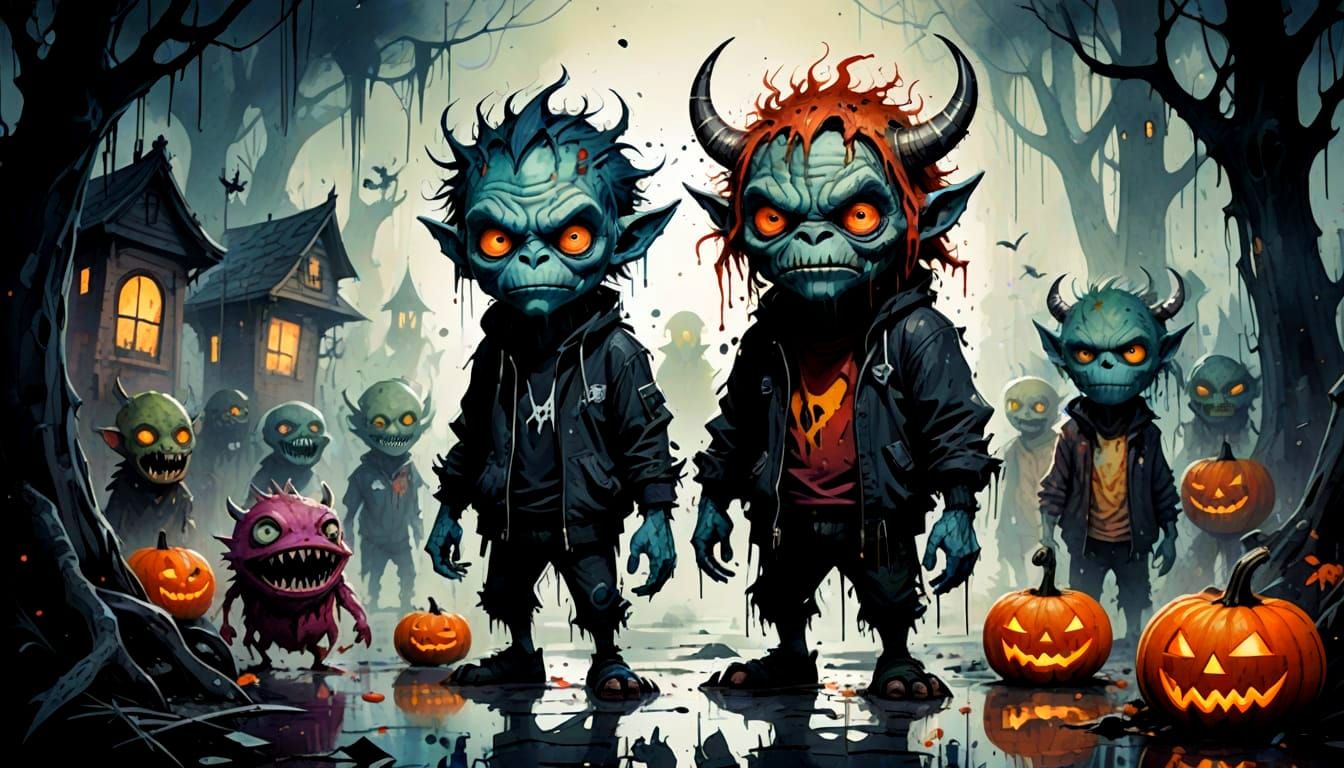 Cute Halloween Monsters 2D Cartoon in Watercolor Style