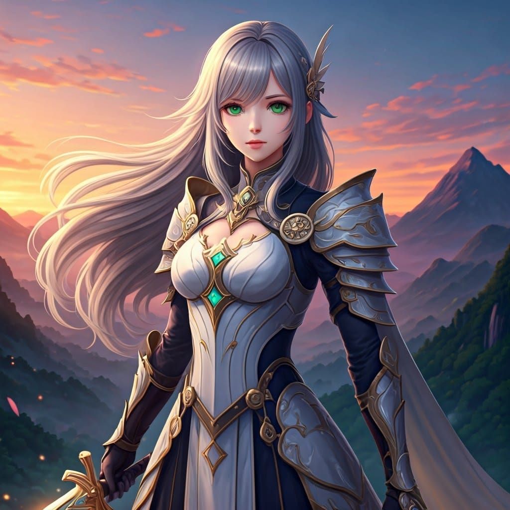 Majestic Warrior in Shimmering Armor against Sunset Mountain...