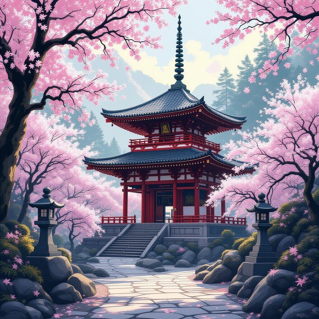 Majestic Japanese Temple in Dreamlike Forest with Sugar Peta...