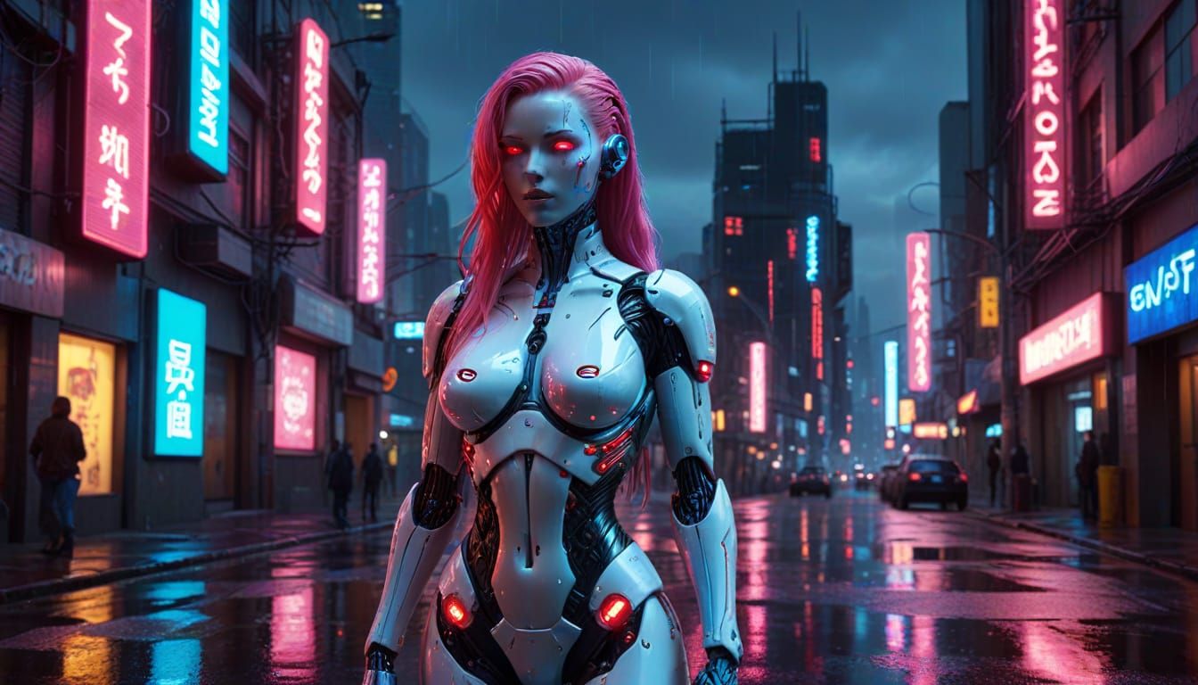 Cyberpunk Android Pinup in Futuristic Cityscape