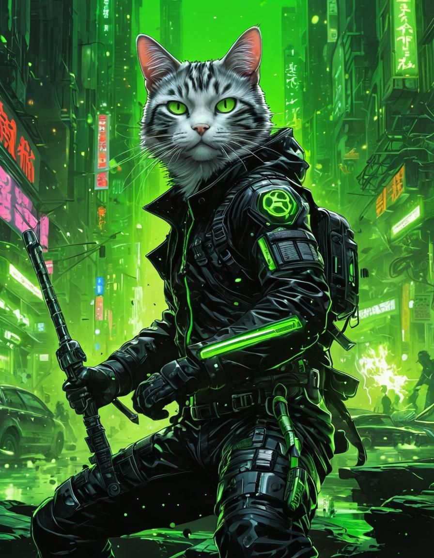 Cyberpunk Ninja Cat Warrior Hacker Sci-Fi Illustration