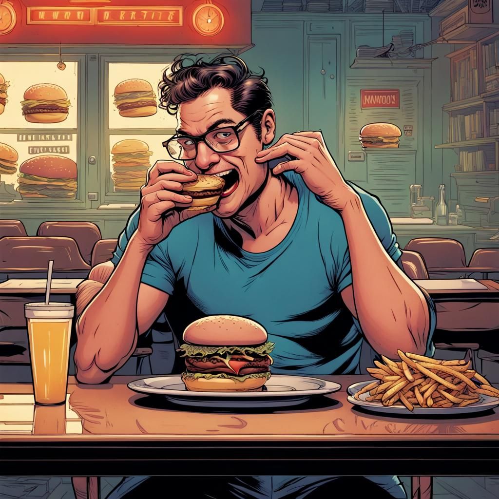 Monopoly Guy Eating Burger in Comic Book Art