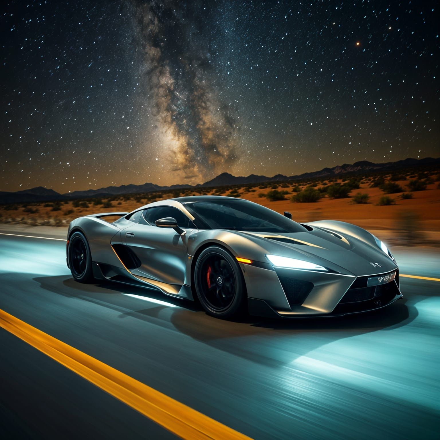 Futuristic Supercar Speeds Down Desert Highway at Night