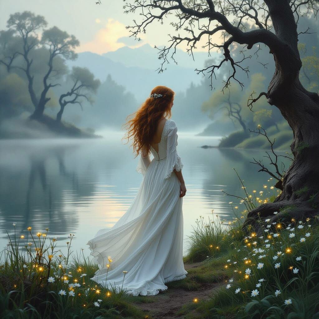 Woman by Misty Lake in Pre-Raphaelite Style