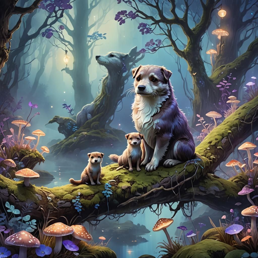 Dog and Otter Ethereal Fantasy Wallpaper