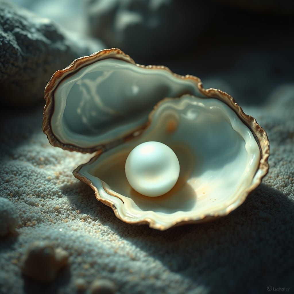 Luminous Pearl in Open Oyster on Seabed