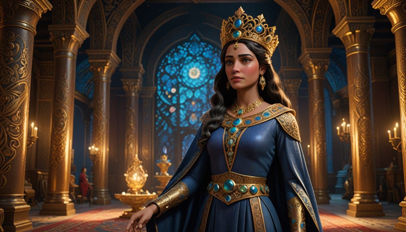 Regal Persian Queen in Vivid, 3D-Rendered Splendor