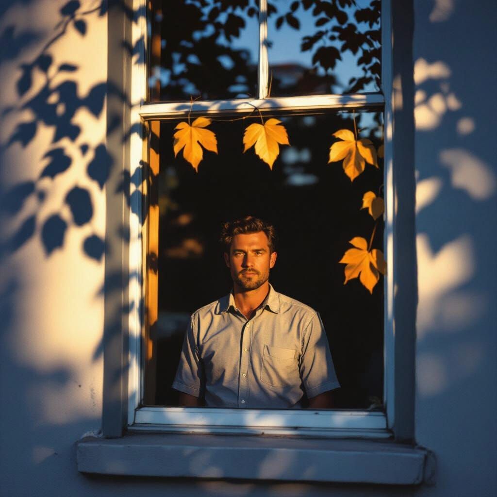 Man Behind Window in Golden Hour Dusk Light