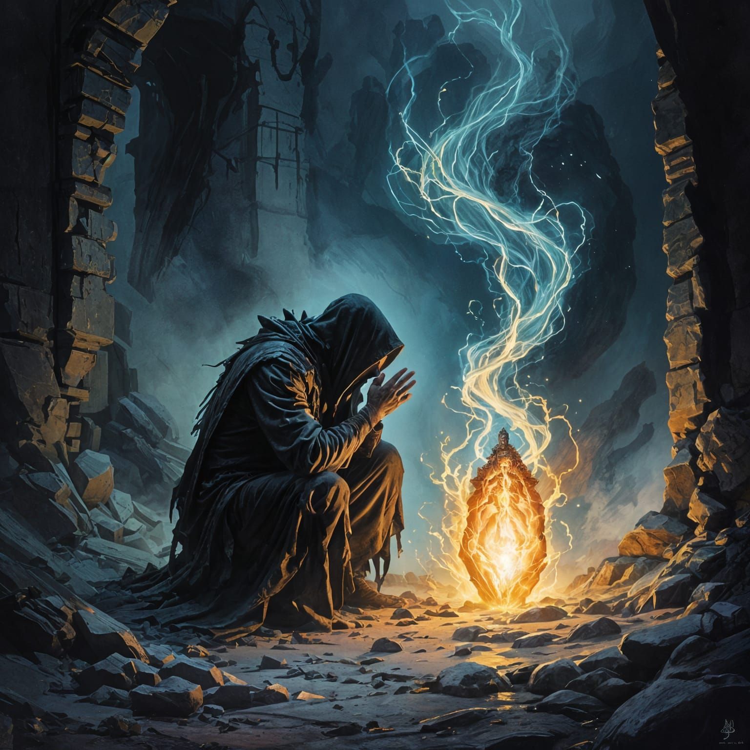 Dark Fantasy Figure Whispers Arcane Secrets in Ruin