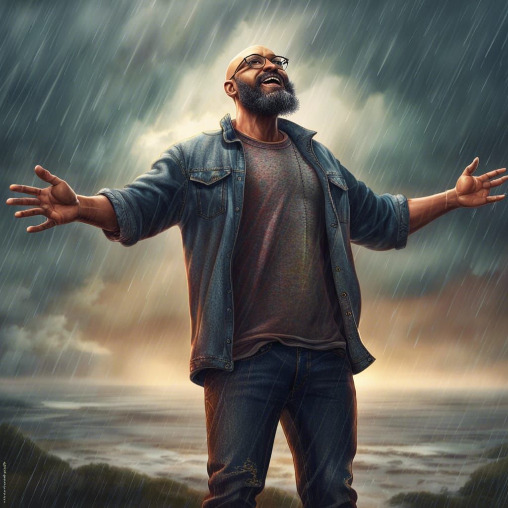Bearded Man in Rain: Vivid Digital Art Masterpiece