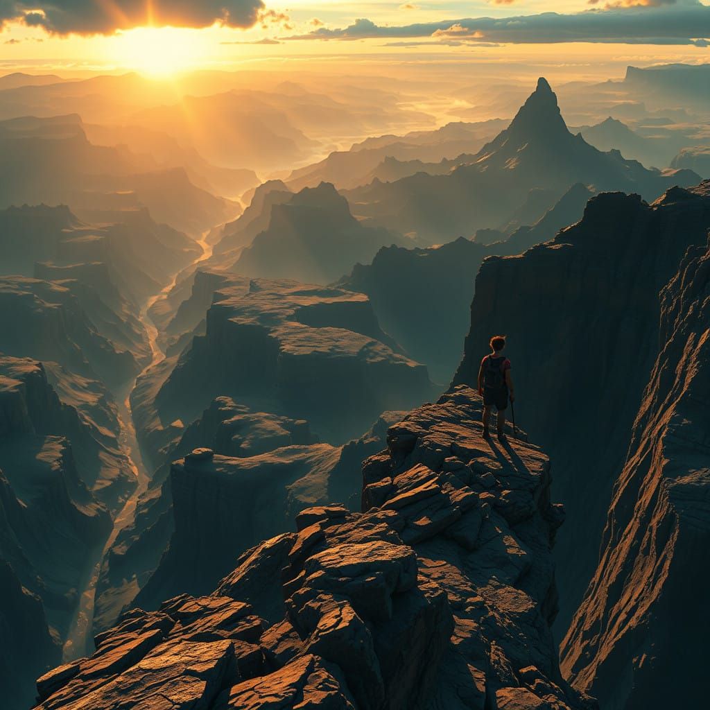 A Cliffside Wanderer Contemplates a Twisted, Gritty Landscap...