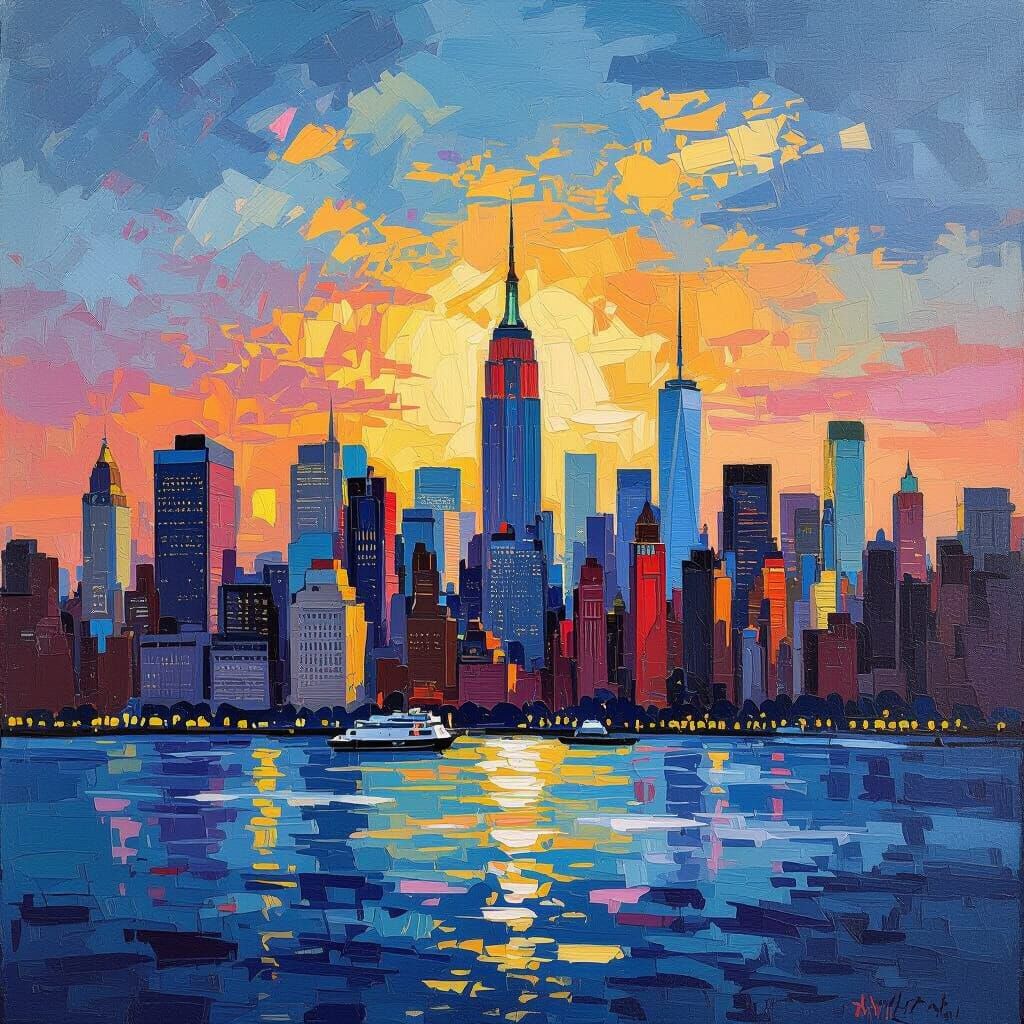 Manhattan Skyline Oil Painting Inspired by American Masters