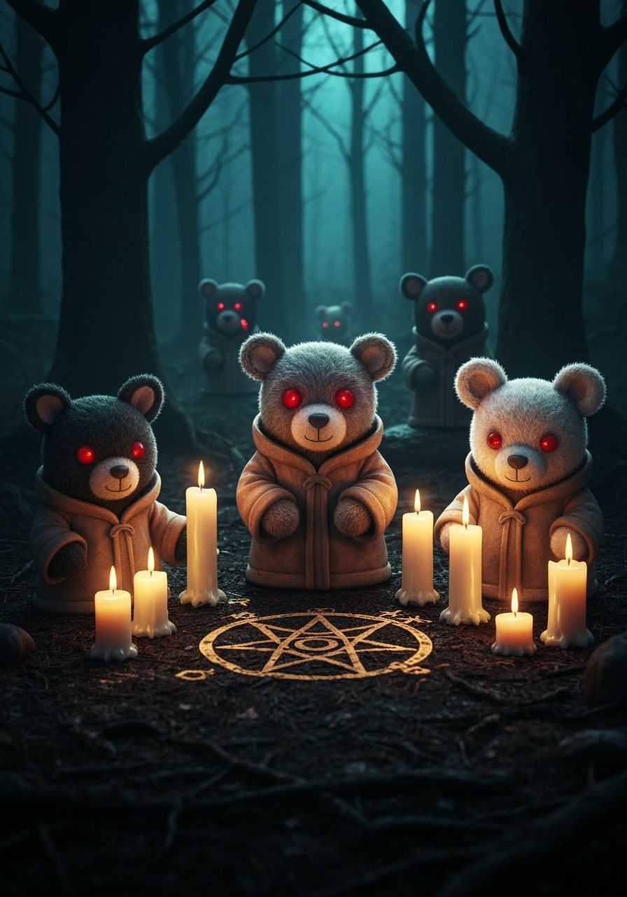 Creepy Cute Stuffed Animals Performing Ritual in Dark Woods