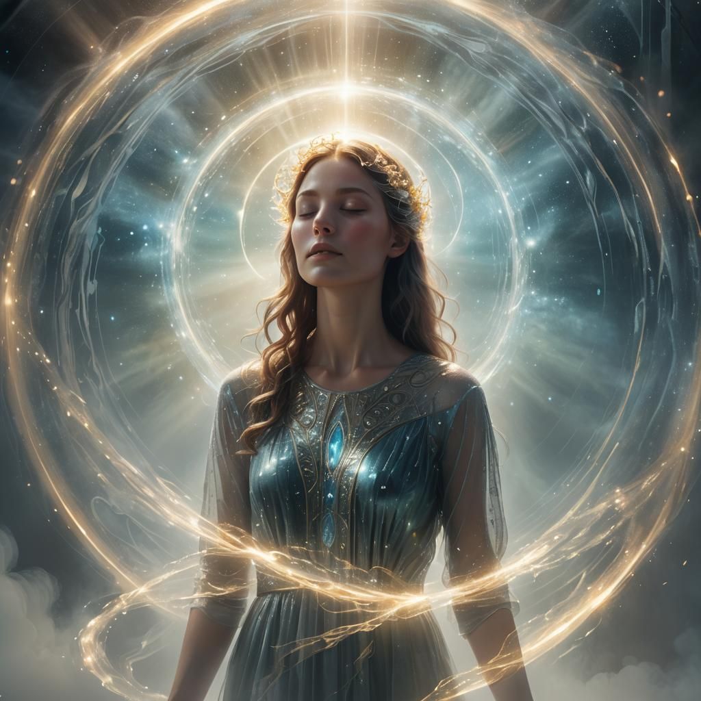 Ethereal Being at Iridescent Portal in Dreamlike Style