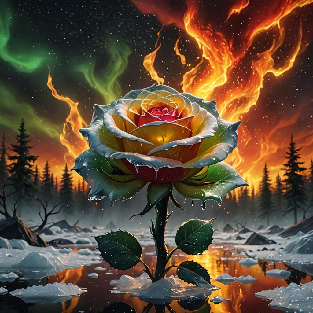 a white transparent ice rose on a fire storm sky