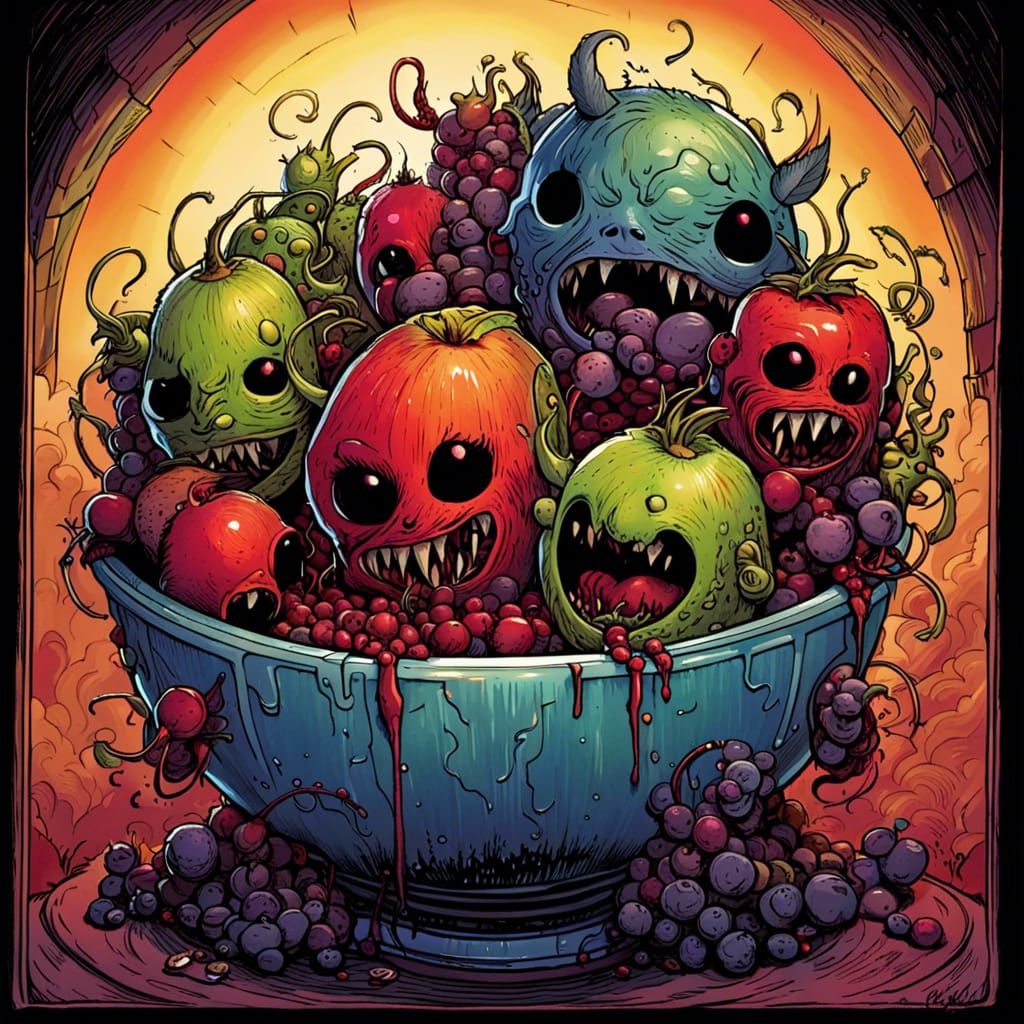 Menacing Fruit Creatures in Comic Book Art Style