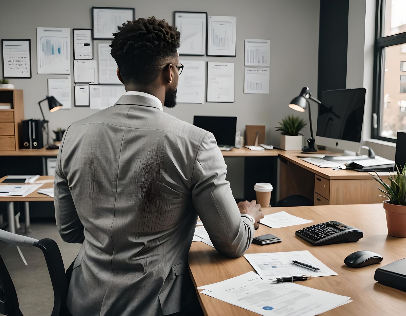 Trader at Office Desk: Back View