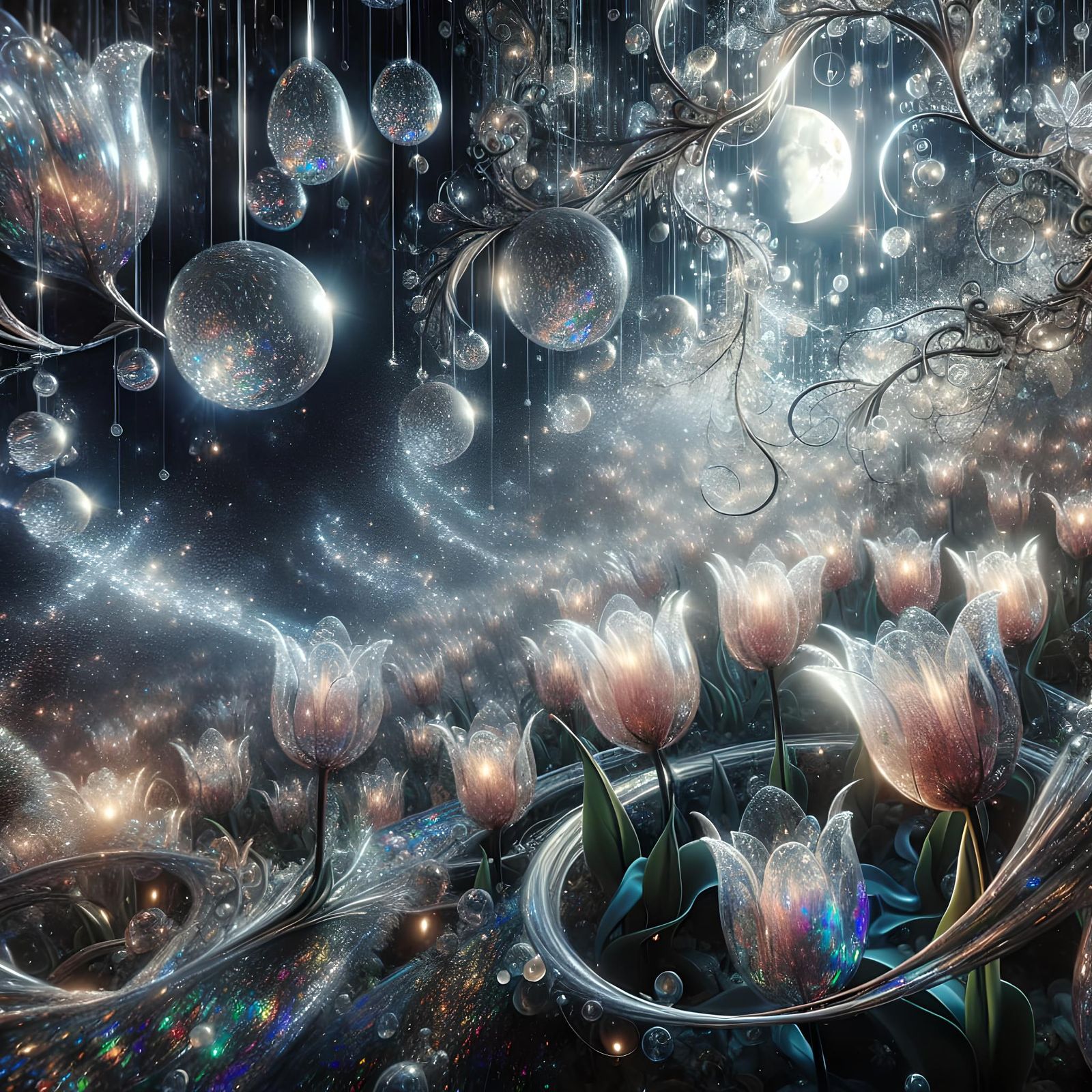 Holographic Glass Tulips in Magic Garden