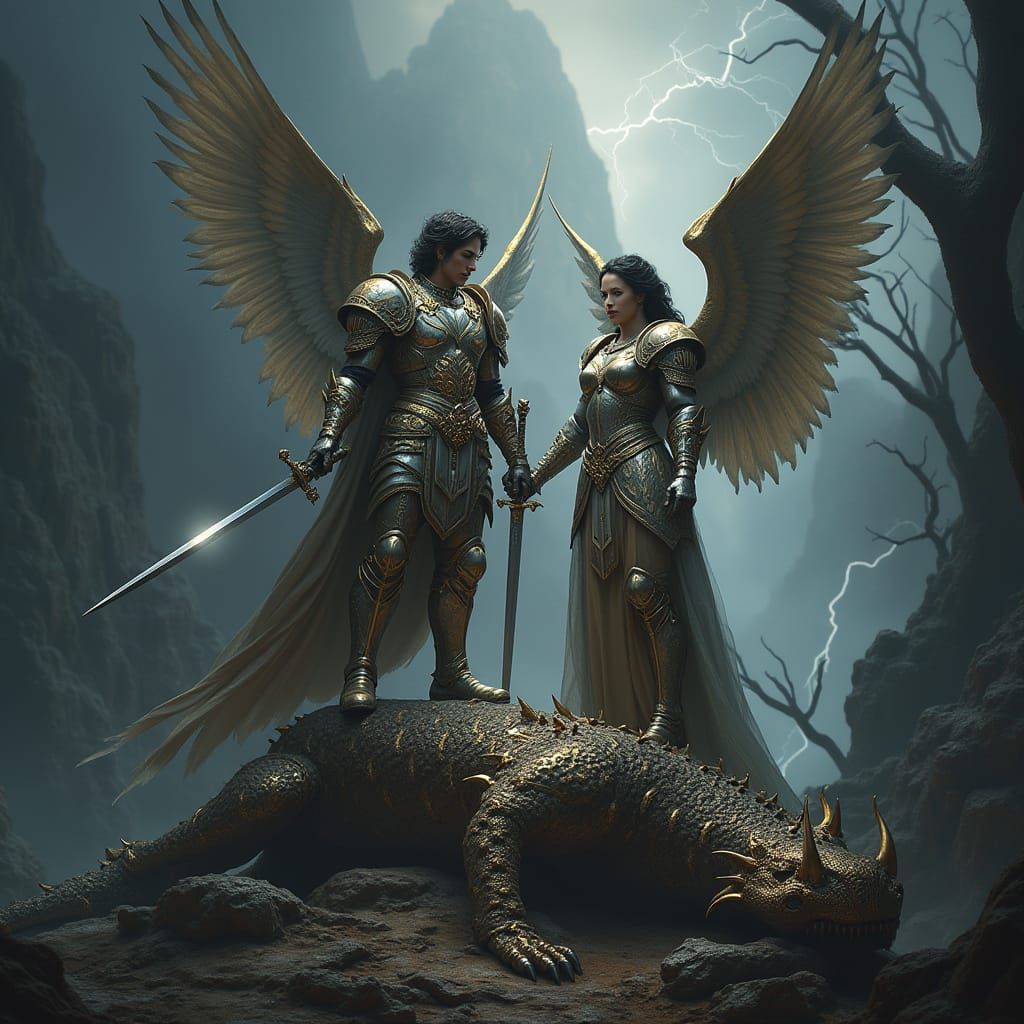 Victorious Angels Stand Over Defeated Dragon in Epic Battle ...