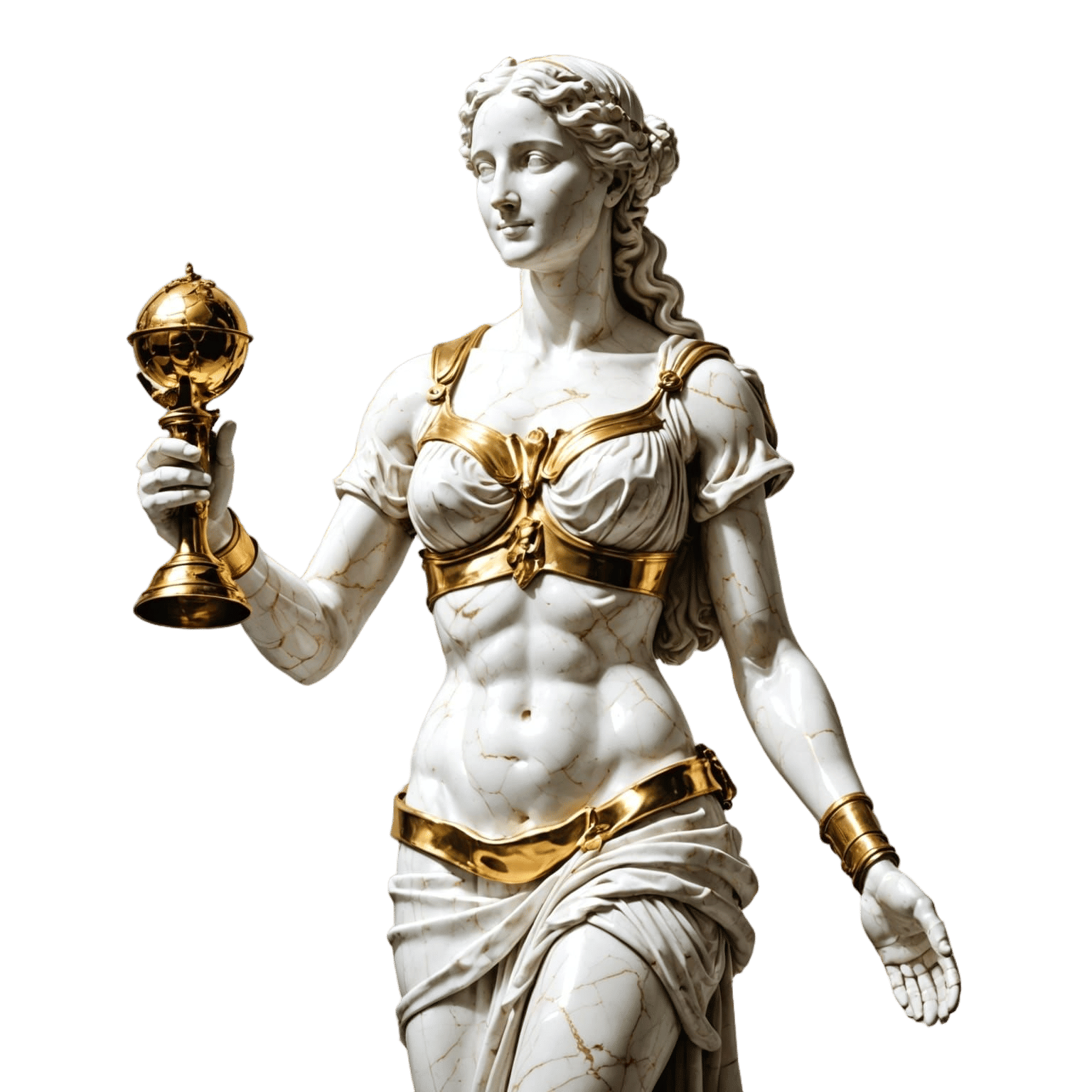 Wide shot of Happy smiling Venus de Milo marble white sculpture showing a new gold prosthetic arm.