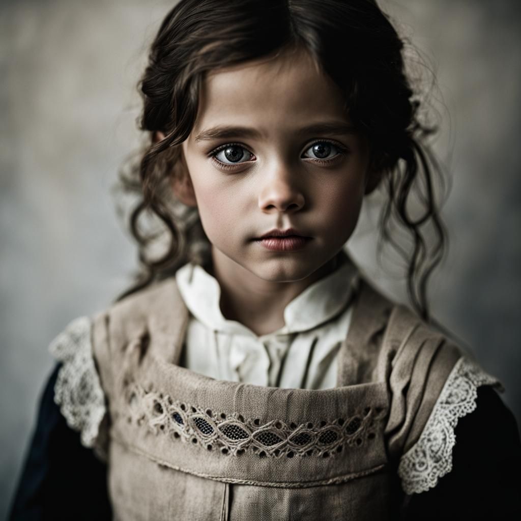 Victorian Orphan Girl Portrait with Embroidered Cloth