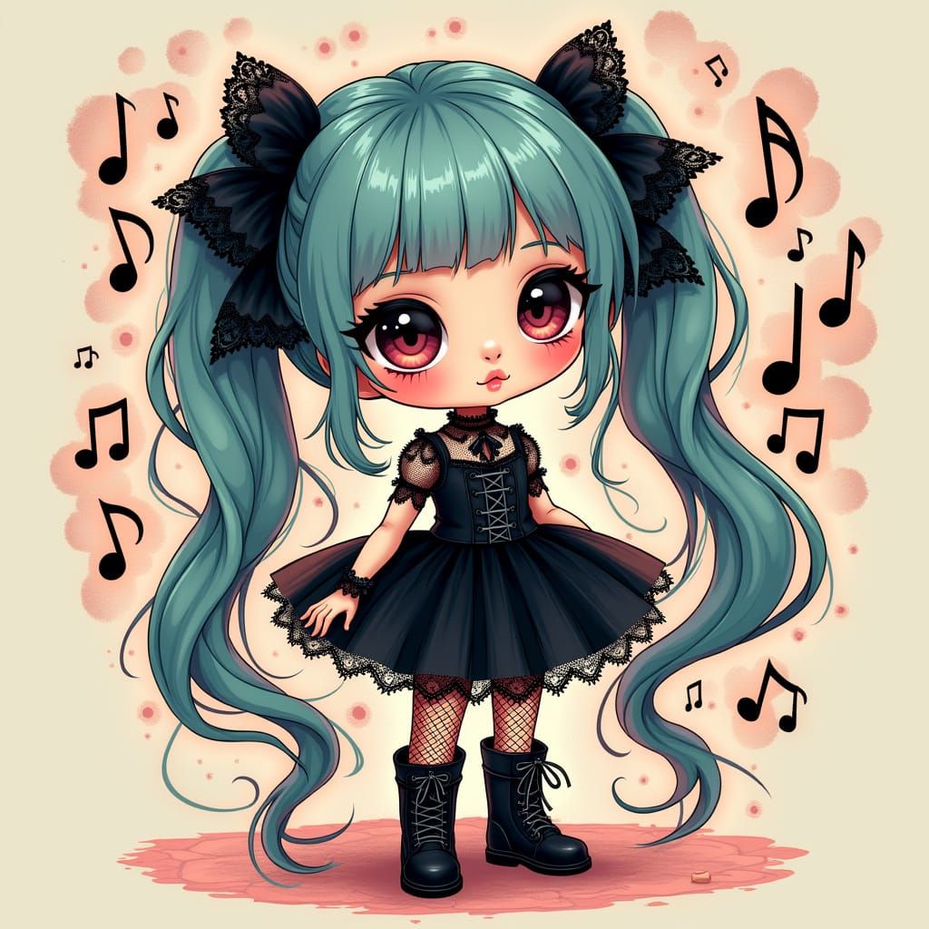 Whimsical Chibi Doll in Psychedelic Soundscapes