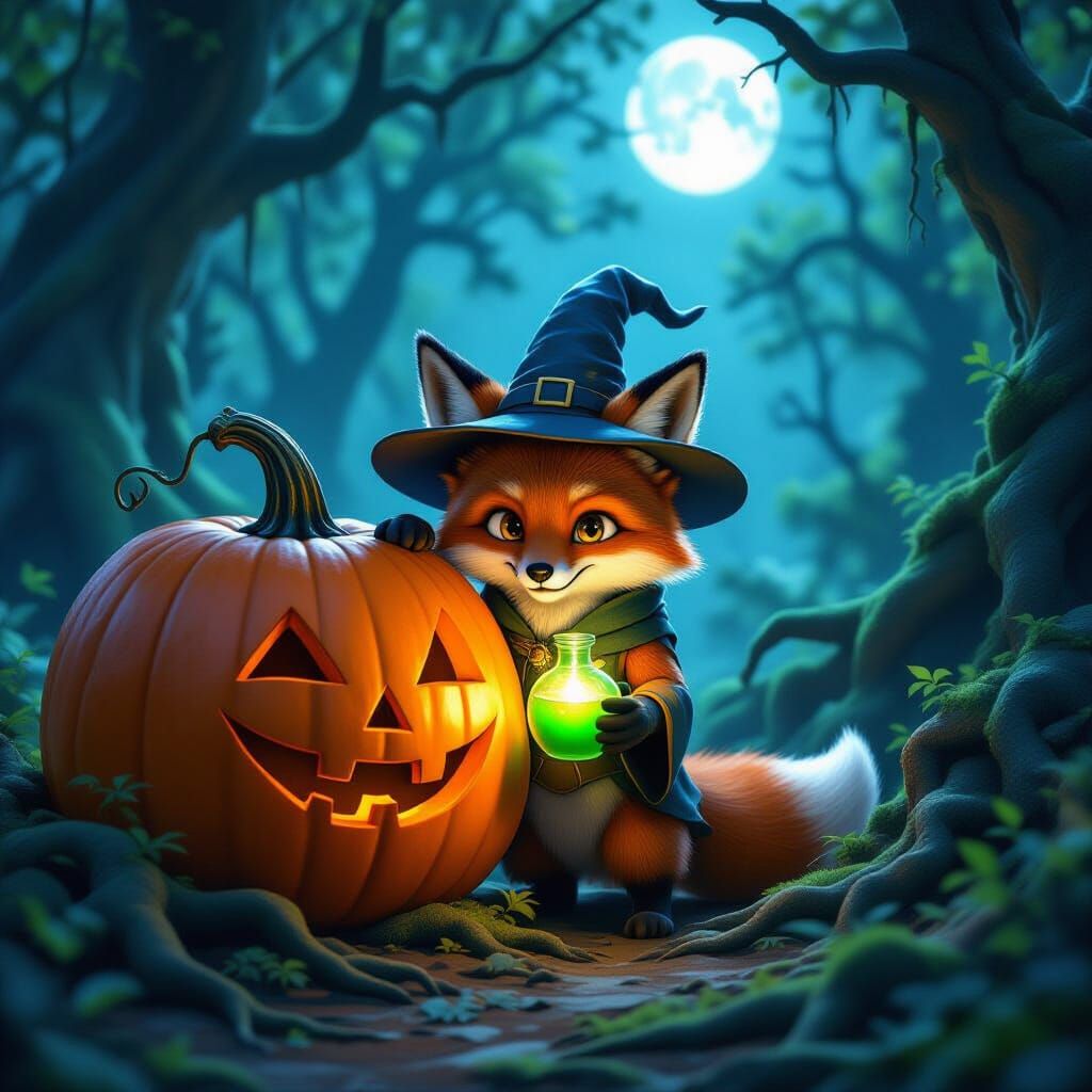 Mischievous Fox Wizard with Glowing Potion Behind Pumpkin
