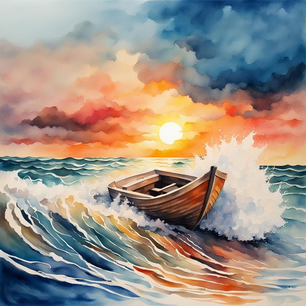 Sunset Sea Waves: Abstract Watercolor Painting