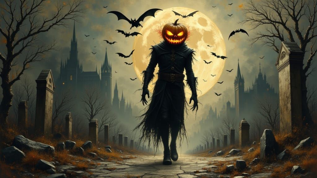 Wicked Figure with Fiery Jack-o'-Lantern Head in Moonlit Cem...