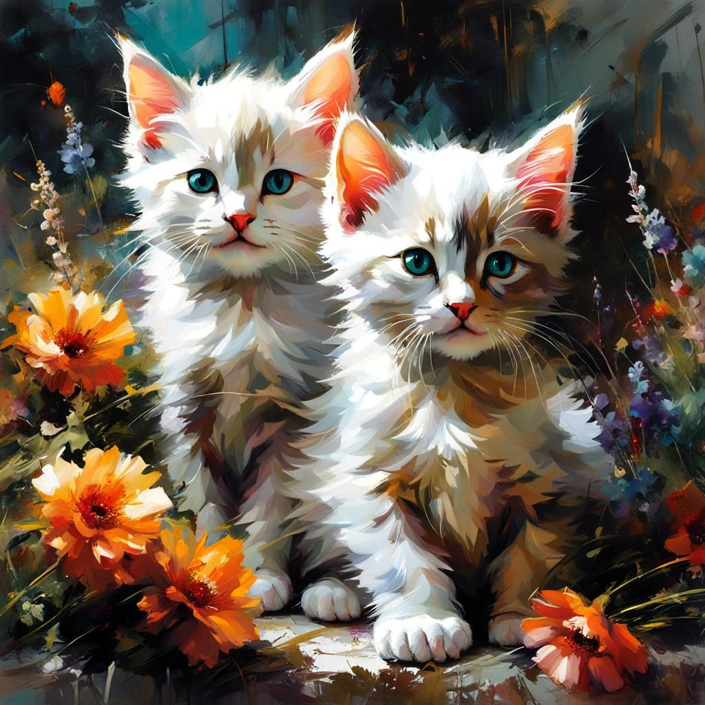 Kittens on Pillow: Detailed Matte Painting with Flowers