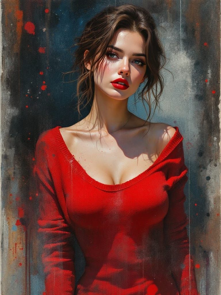 Crimson Pin-Up in Smoky Watercolor Style