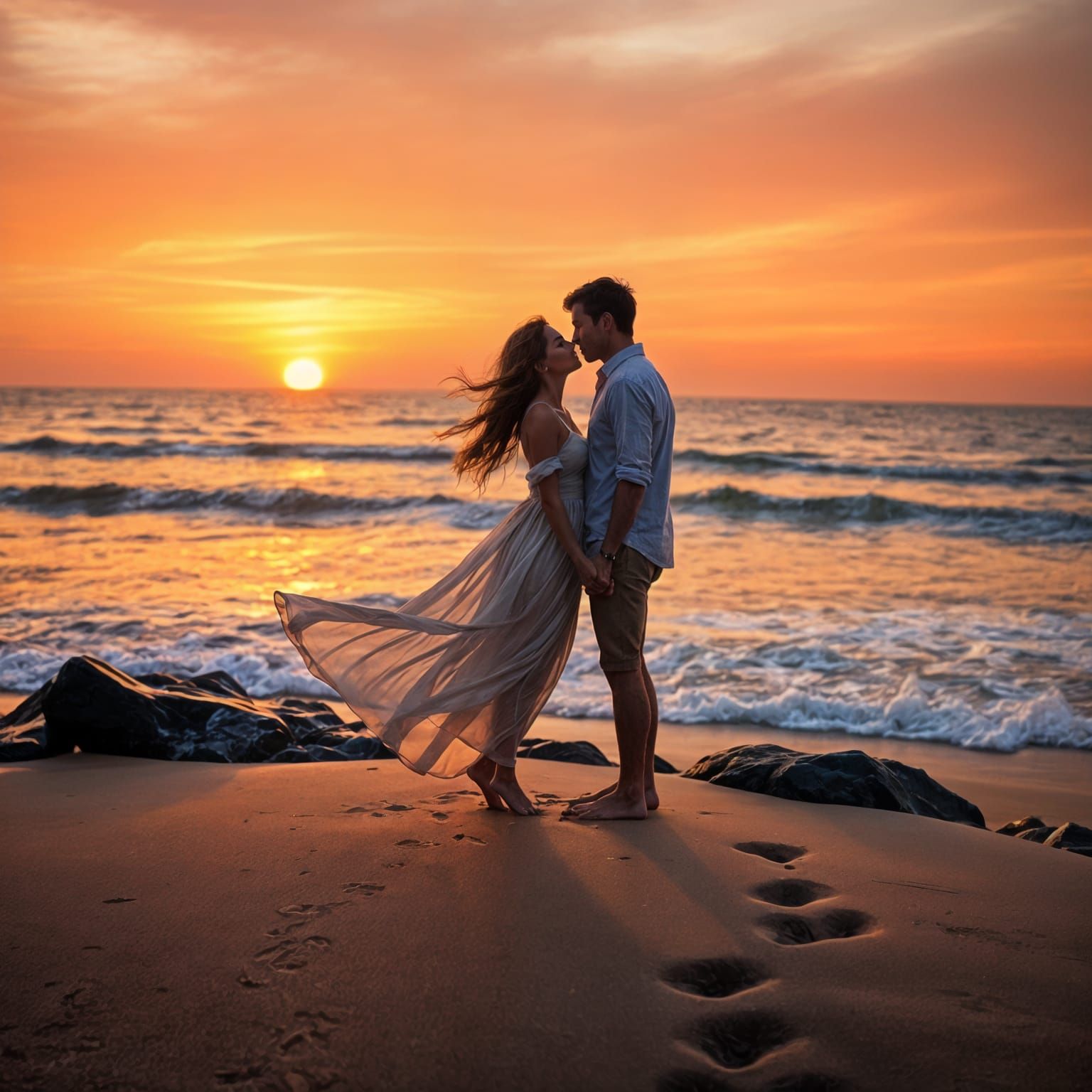 Romantic Sunset Beach Kiss in Hyperrealism