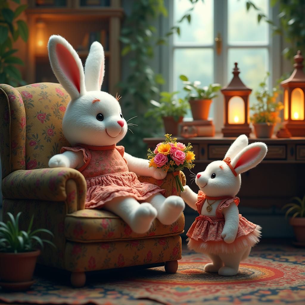 Whimsical Plush Bunny Family in Dreamy Scene