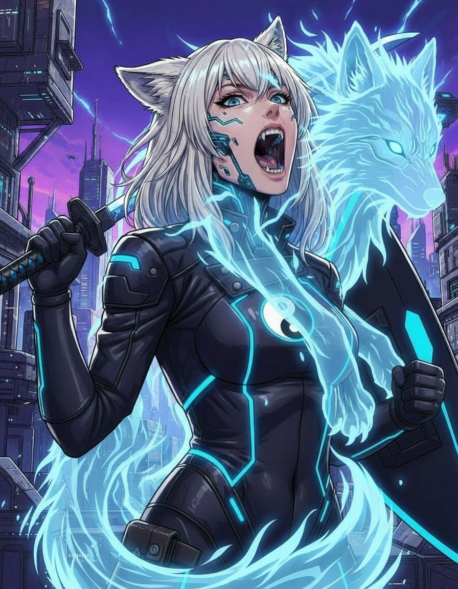 Cyberpunk Anime Wolf Girl Howling at Cityscape