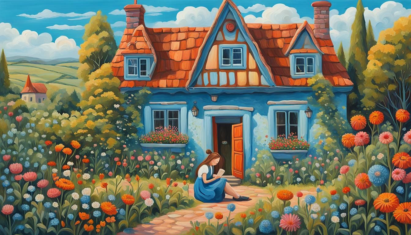 Naive Acrylic Painting of Woman with Rabbit