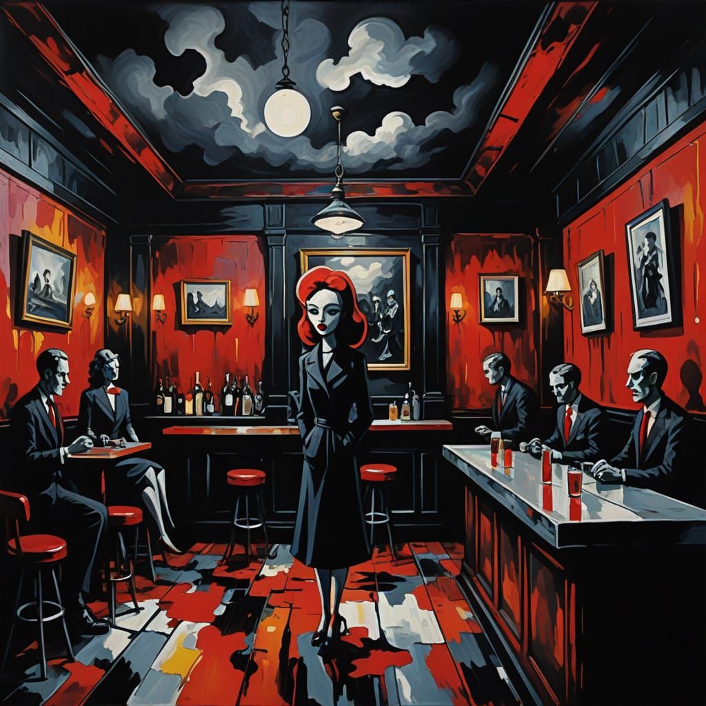 Surreal Bar Scene in German Expressionist Style