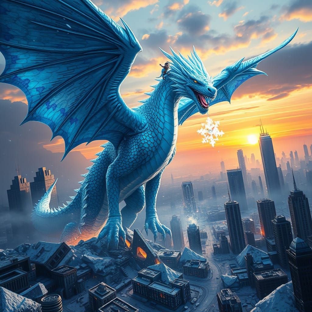 Majestic Ice Dragon Unleashes Frozen Destruction on a Ruined...