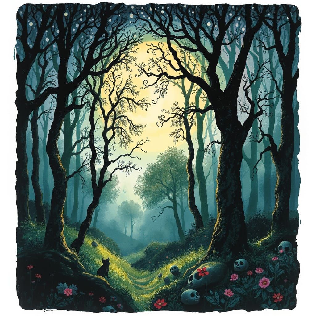 Dreamlike Forest Scene in Whimsical Art Style