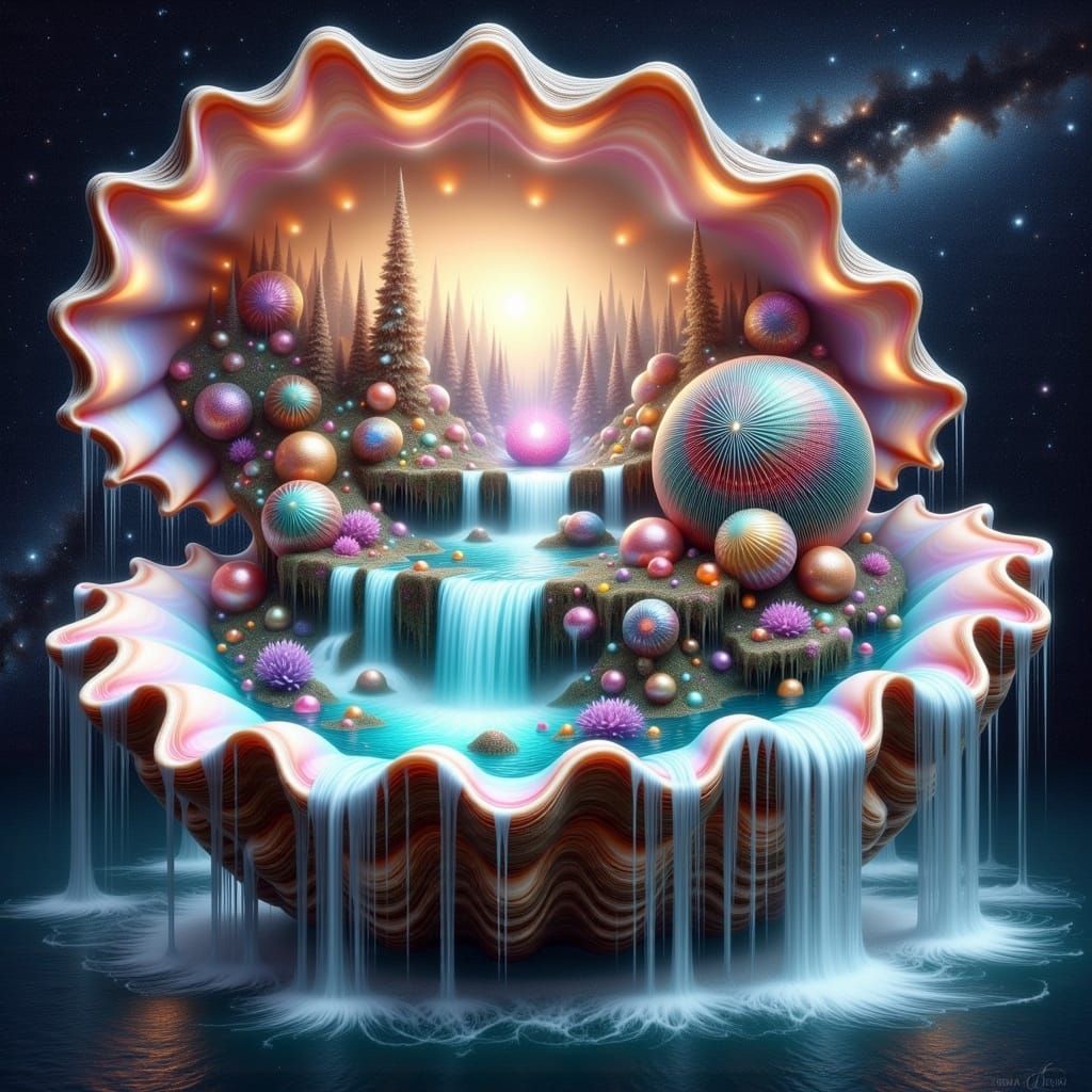 Galactic Seashell Waterfall in Abstract Expressionist Style