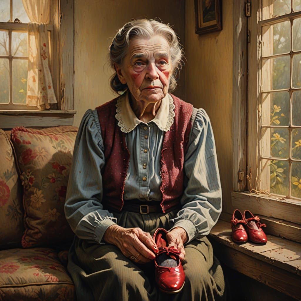 Elderly Woman with Red Shoes in Oil Painting Style