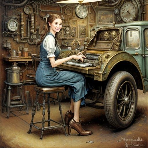 Girl Repairs Automatic Transmission in Norman Rockwell Style