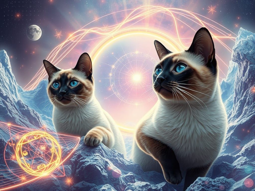 Ethereal Quantum Portal with Traveling Siamese Cats in a Sur...