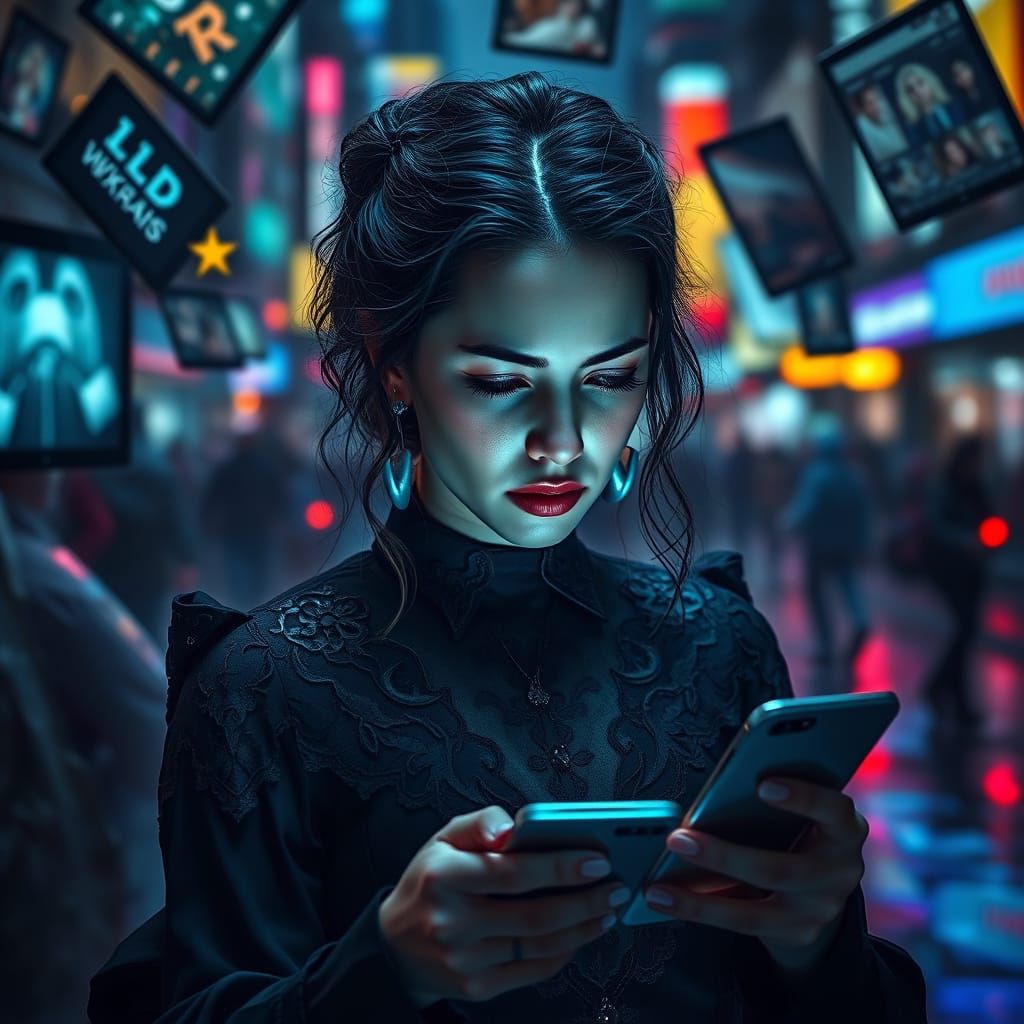 Young Woman Tormented by Social Media in a Dark, Avant-Garde...