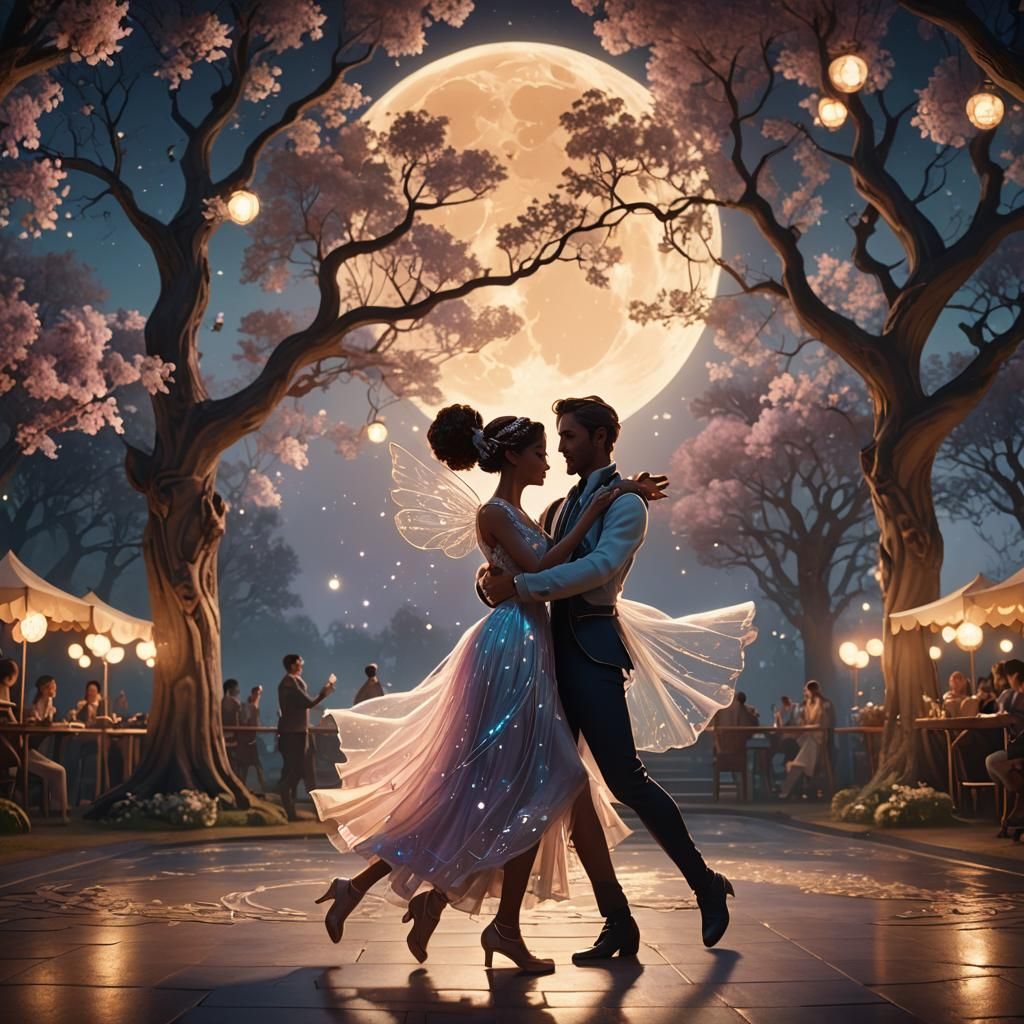 Enchanting Couple Dancing Under the Moon in Art Nouveau