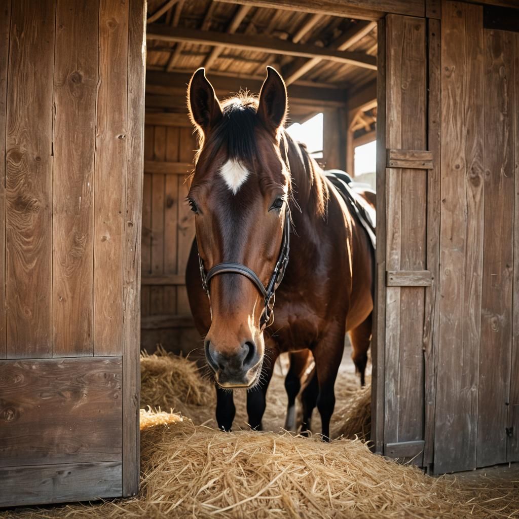 Equestrian Portrait: Horse Eating Hay in Stable